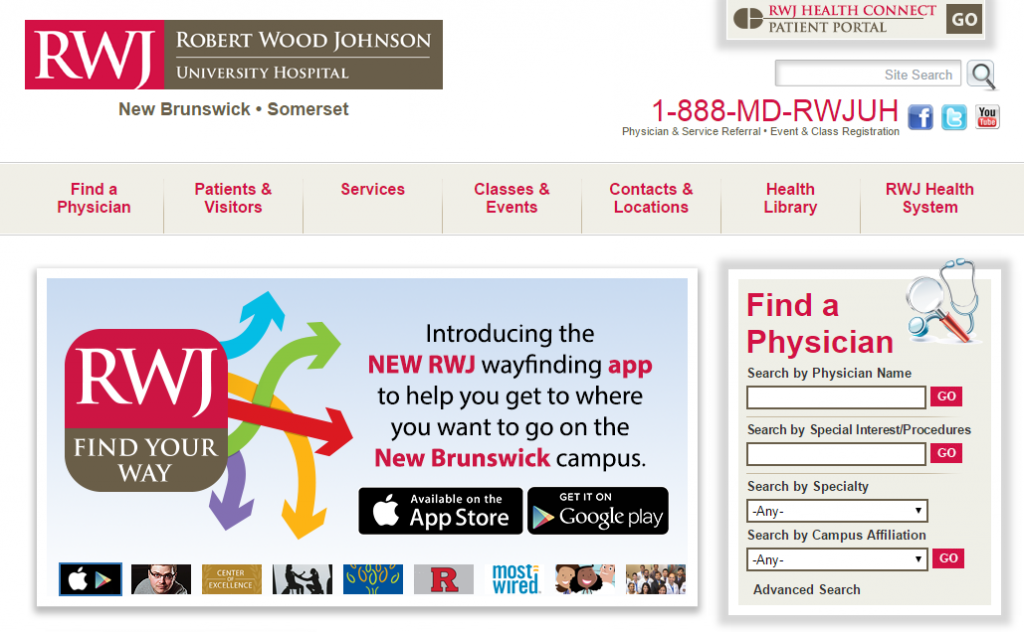Robert Wood Johnson University Hospital Homepage with Ad Promoting the RWJ "Find Your Way" App