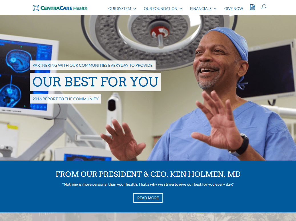 CentraCare Health Community Benefit Report Home Page Screen Capture