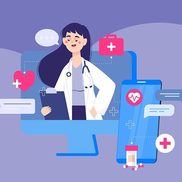 Illustration of female doctor surrounded by medicine and technology.